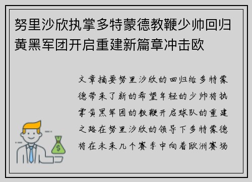 努里沙欣执掌多特蒙德教鞭少帅回归黄黑军团开启重建新篇章冲击欧 努里沙欣执掌多特蒙德教鞭少帅回归黄黑军团开启重建新篇章冲击欧